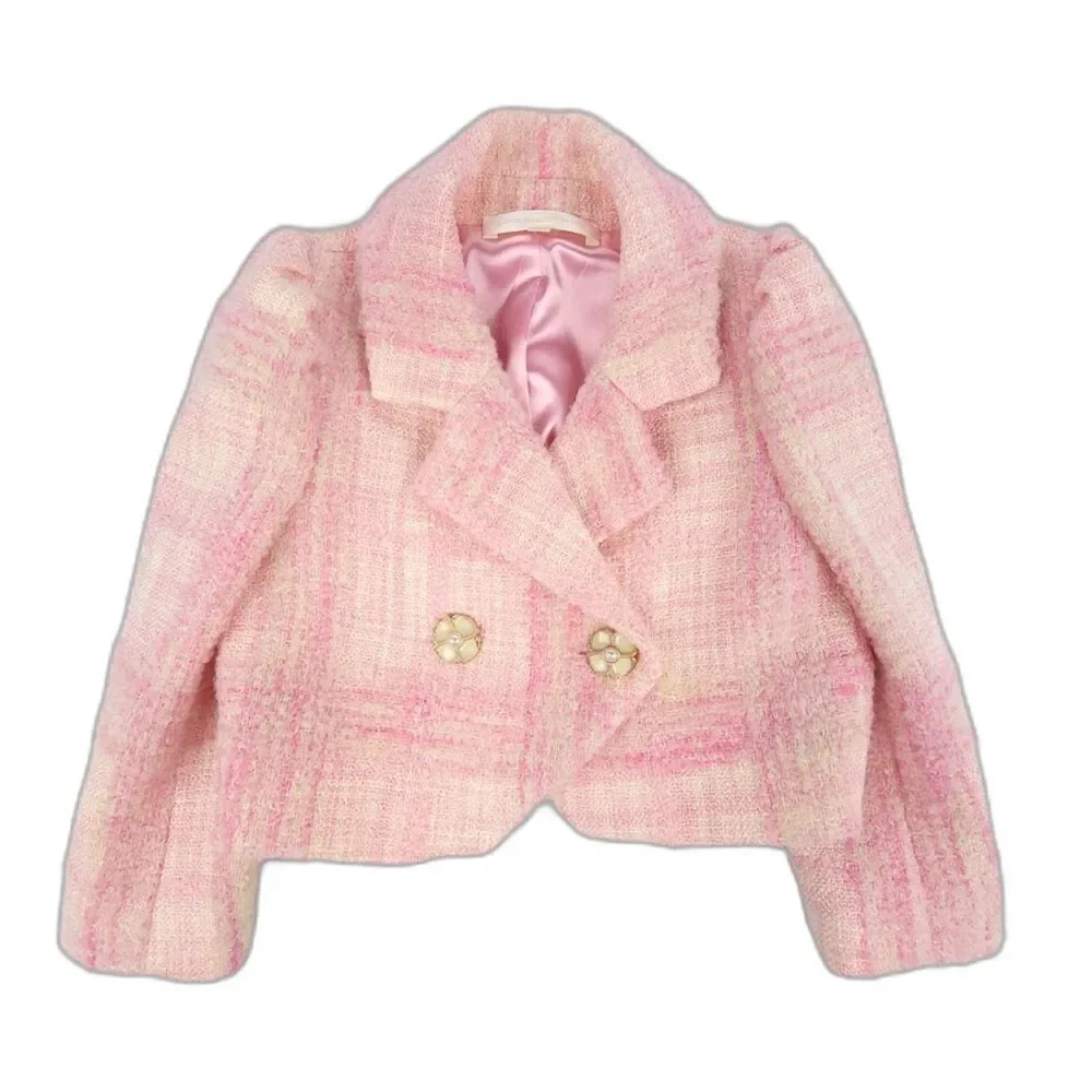 NEW LoveShackFancy Girls Tweed Kip Blazer Jacket Wool Puff Sleeve Old Money Pink